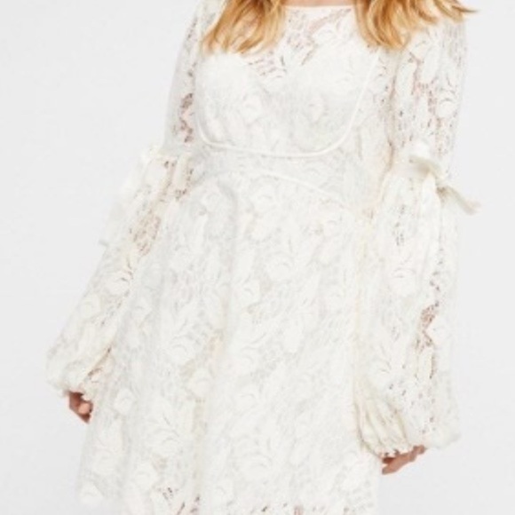 Free people Ruby Cream Sheer Lace Puff Sleeves Dress Sz Xs NWT